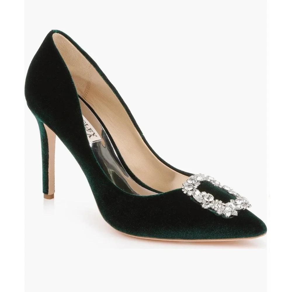 Badgley Mischka Cher Black Satin Crystal Buckle Pointed‎ Toe Pumps Heels 8.5